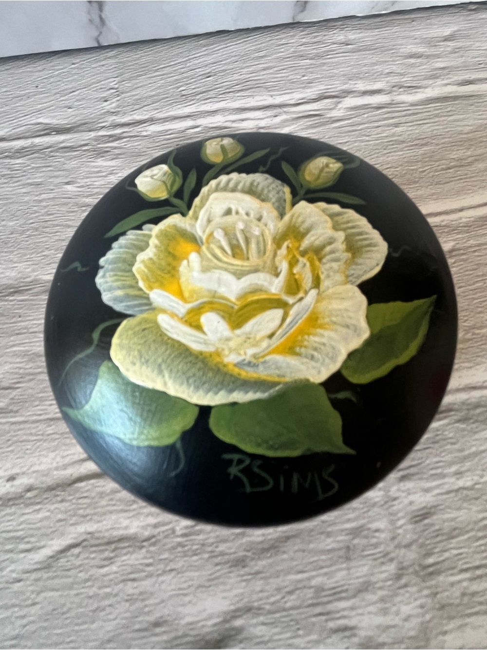 Hand-painted Wooden Trinket Box Floral Motif Signed by R. Sims